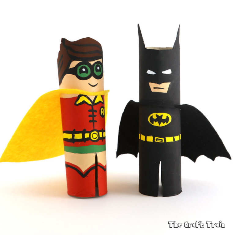 Create some cute Batman and Robin characters from paper rolls