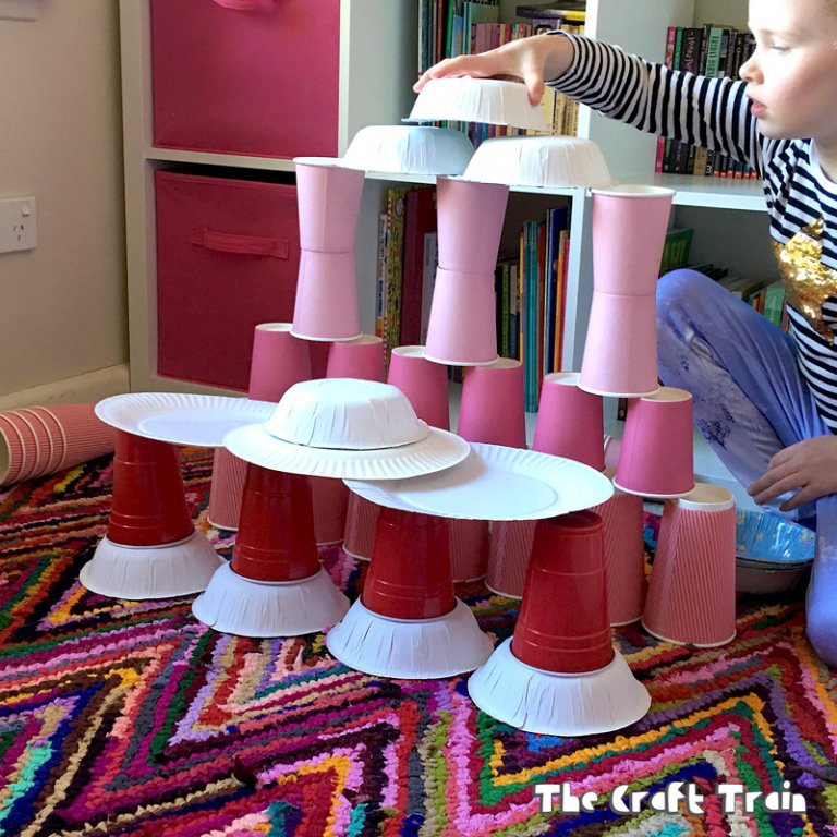 Make a construction set using paper picnic ware like cups, plates and cupcake liners
