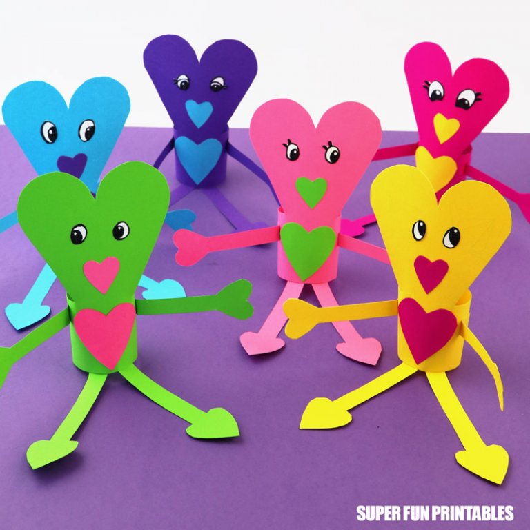 Paper heart people valentines day craft for kids with printable template