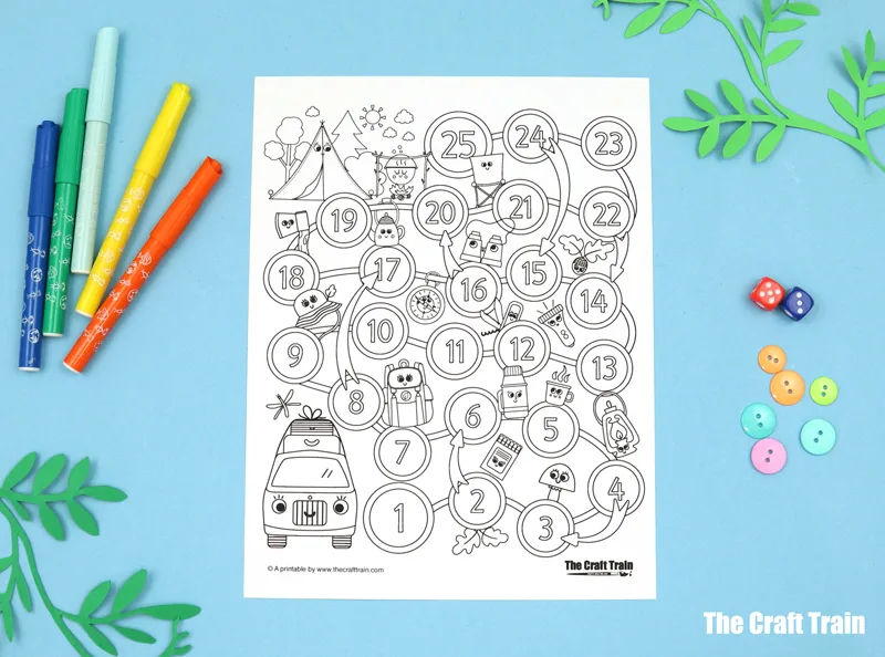 Camping adventure print and colour game for kids