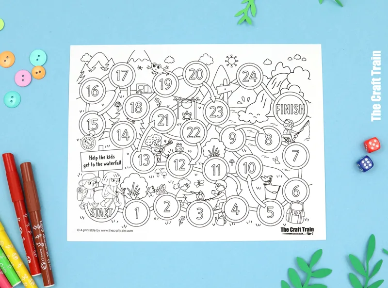 Hiking adventure game for kids. Print, colour and play