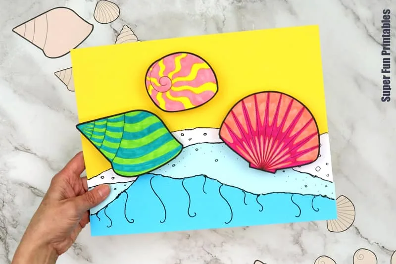 3D seashell art over foamy waves and sand