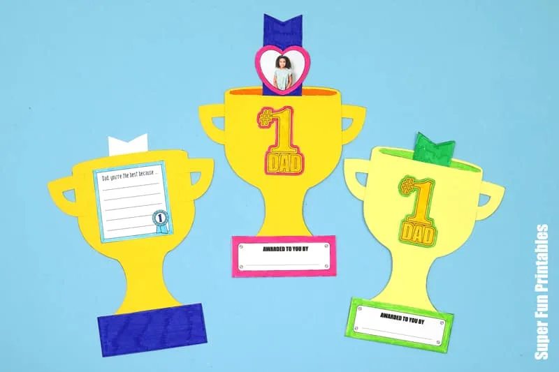Printable Father's Day trophy card for kids to make with photo ribbon slide-up message