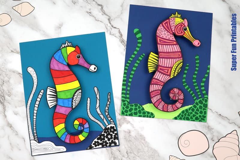 3D Seahorse paper craft template with steps