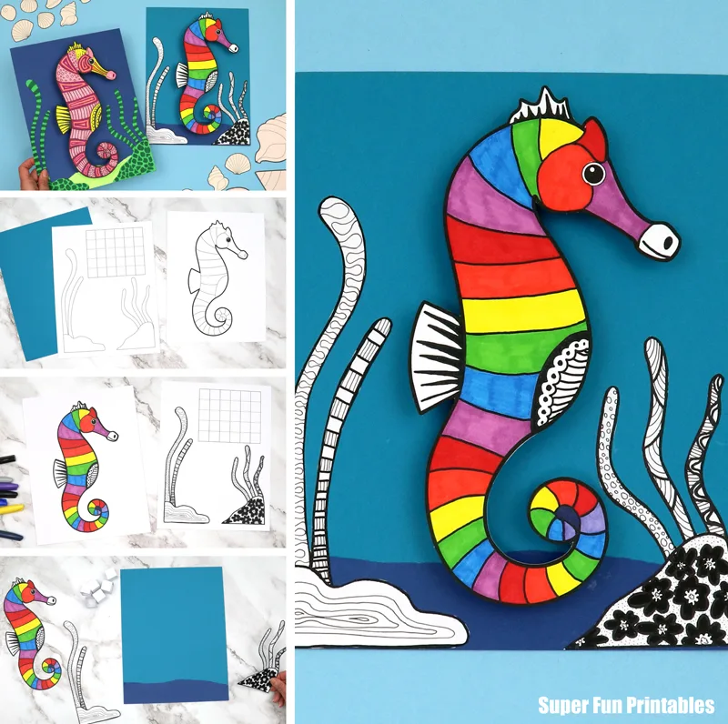 Seahorse 3D paper craft with doodle pattern design element