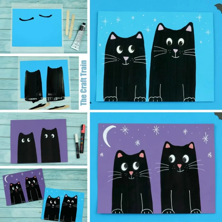 Black cat scrape art for Halloween. Use a craft stick and strategically squirted paint to make gorgeous black cat artwork