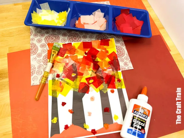 Fall Tissue Paper Trees art activity for kids with printable template