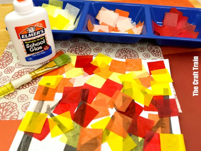 Fall Tissue Paper Trees art activity for kids with printable template