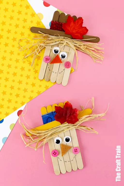 Craft stick scarecrow craft for kids made from items from the dollar store