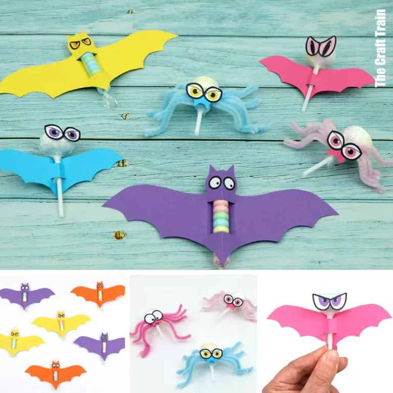 Adorable Halloween treats to make from paper with lollipops and printable templates. Lollipop bats, spiders and fizzy cand bats