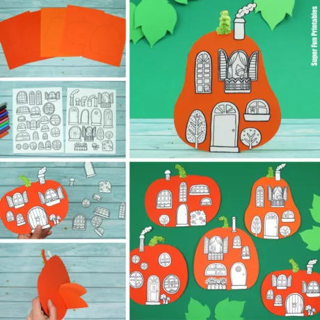Pumpkin house craft for kids with printable template. Create a freestanding pumpkin village!