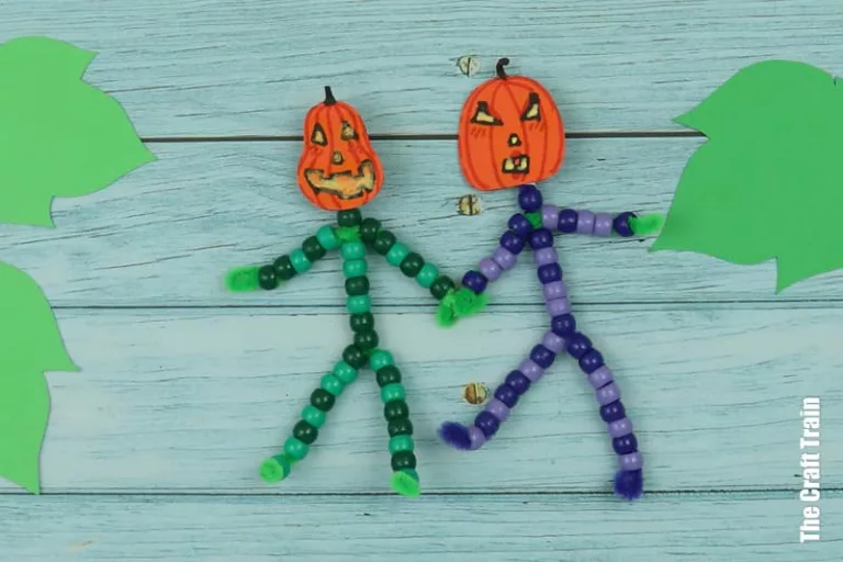 Mini pumpkin people beaded pipe cleaner characters kids can make