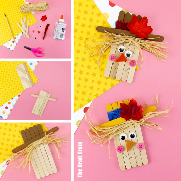 Craft stick scarecrow craft for kids made from items from the dollar store