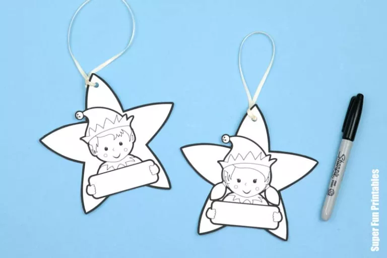 cartoon colour-in elf star ornaments for kids