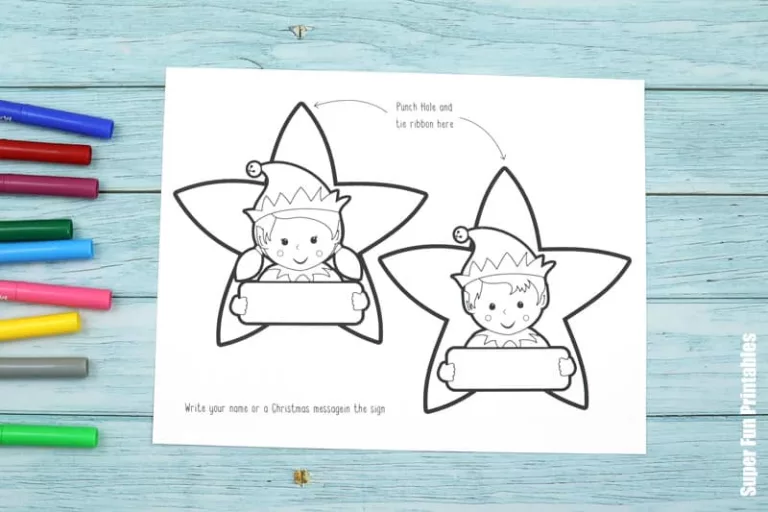 cartoon colour-in elf star ornaments for kids