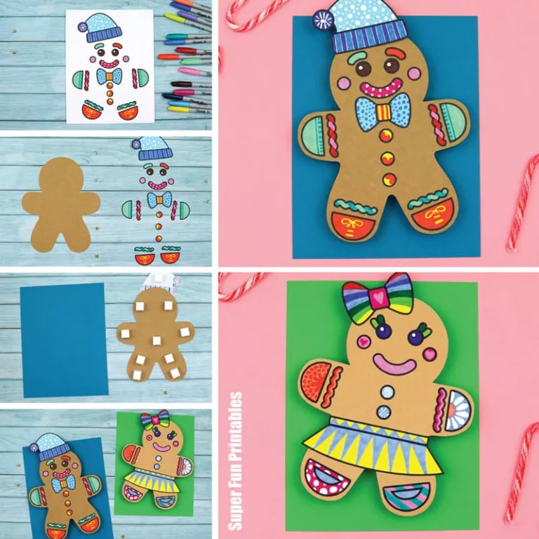 Gingerbread boy and girl characters with 3D pattern art element. A fun printable Christmas craft for kids