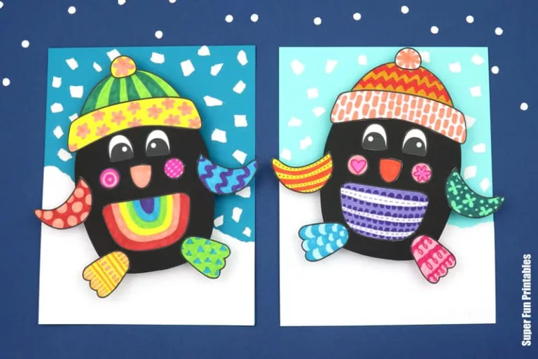 3D Penguin Pattern Art kids doodle art project with printable template