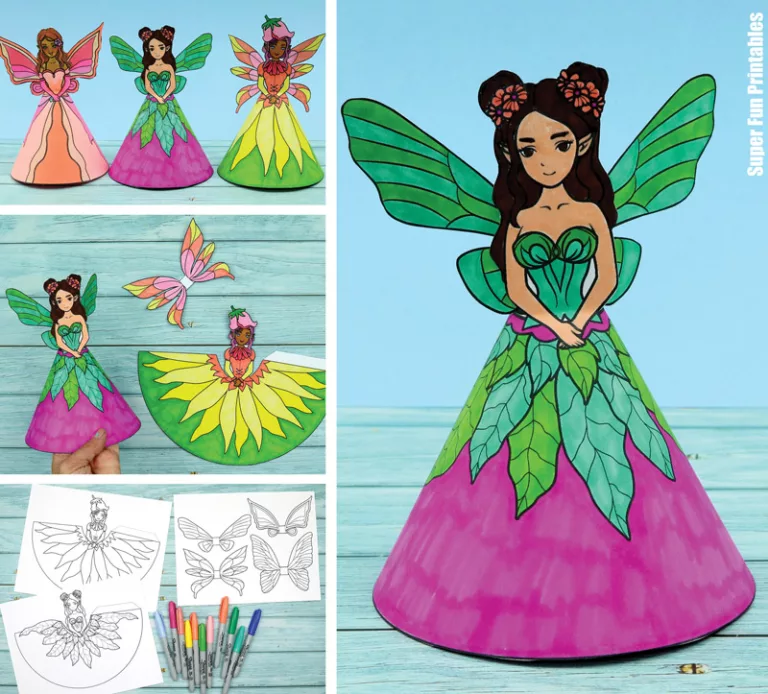 Printable fairy paper dolls with flower-themed dresses
