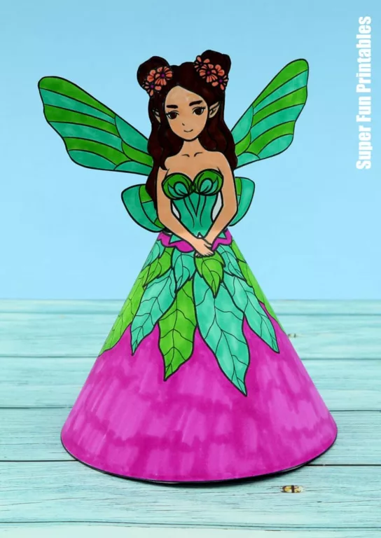 Printable paper fairy doll with mauve flower dress