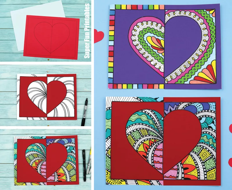 Valentines Heart Art project - create positive negative doodle heart art