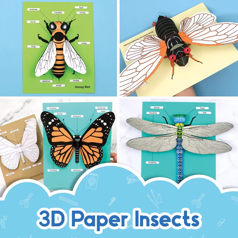 3D paper insect crafts for kids including a bee, a periodical cicada, a monarch butterfly and a dragonfly