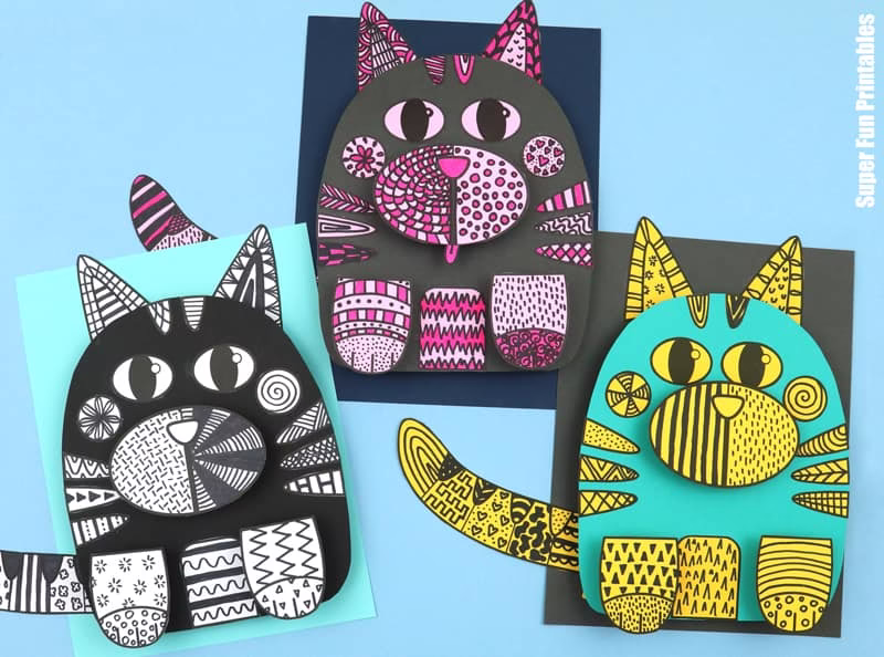 3D Pattern Cat Art Project for kids with printable template. Doodle cats with patterns and glue together with cool 3D effect