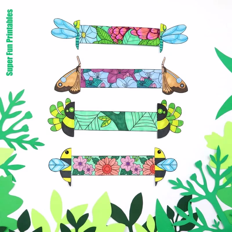 Paper bug bracelets with printable template. Make a moth, a bee, a dragonfly and a spider