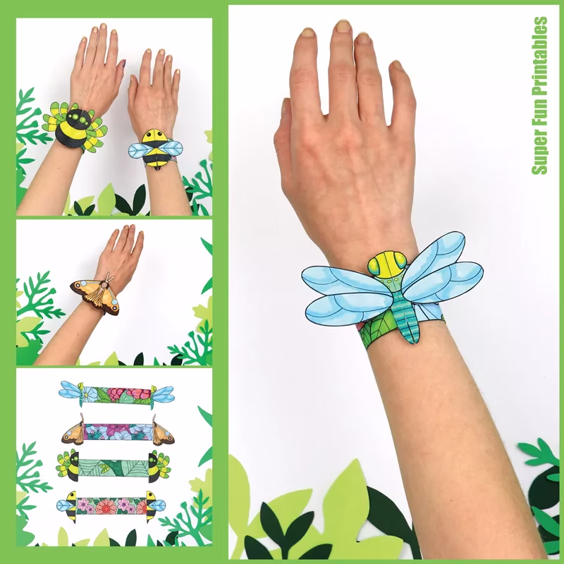 Bug Bracelets paper craft for kids. Make a bee, spider, dragonfly and moth from paper with this fun, wearable printable craft