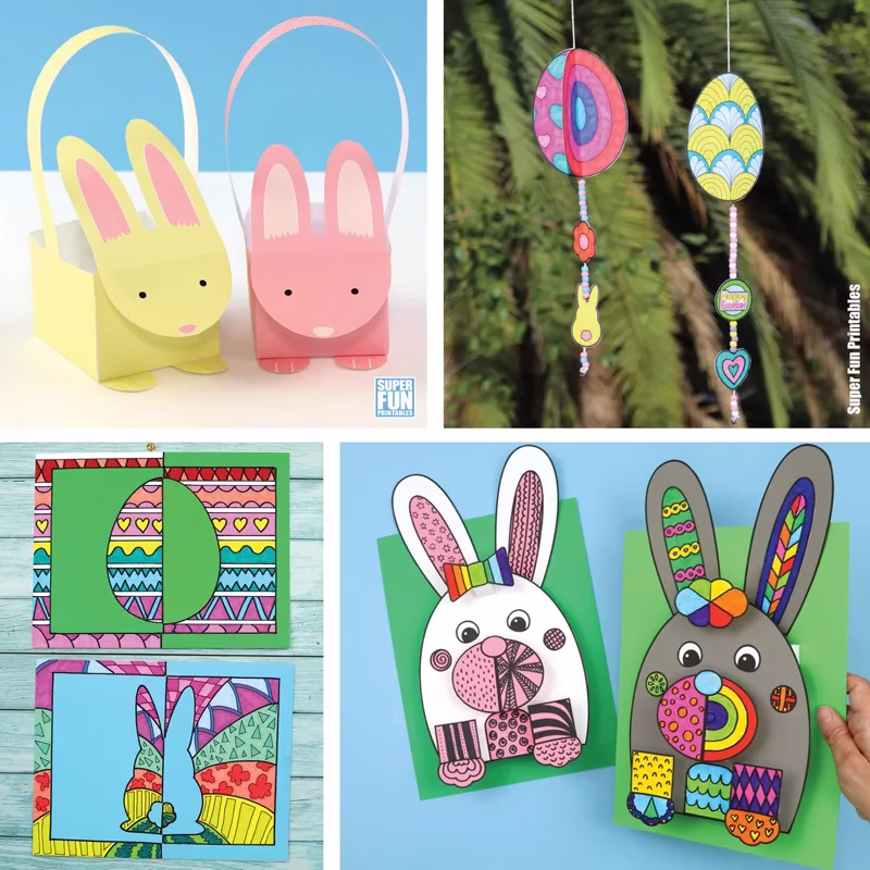 Easter printables for kids including a spinning paper egg decoration, bunny baskets, Easter positive negative art and Easter bunny doodle art