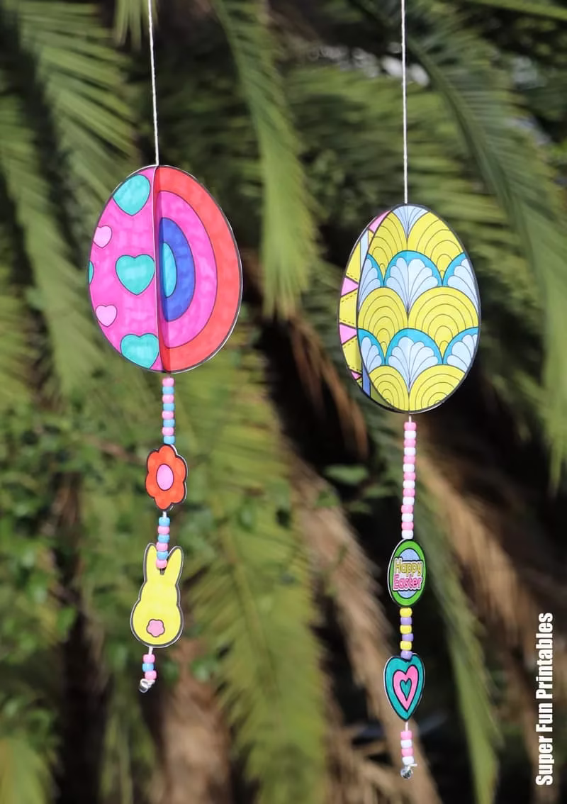Spinning egg easter decoration with pattern art option. A fun printable Easter craft for kids.