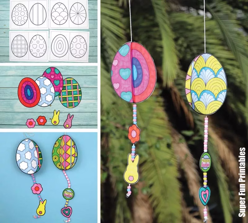 Spinning egg easter decoration with pattern art option. A fun printable Easter craft for kids.