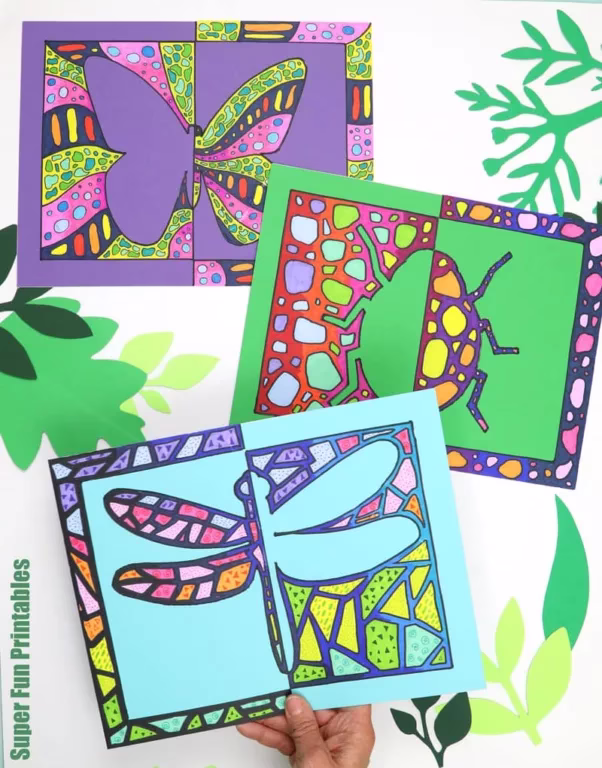 Three examples of Insect Positive Negative art including a butterfly, a ladybug and a dragonfly