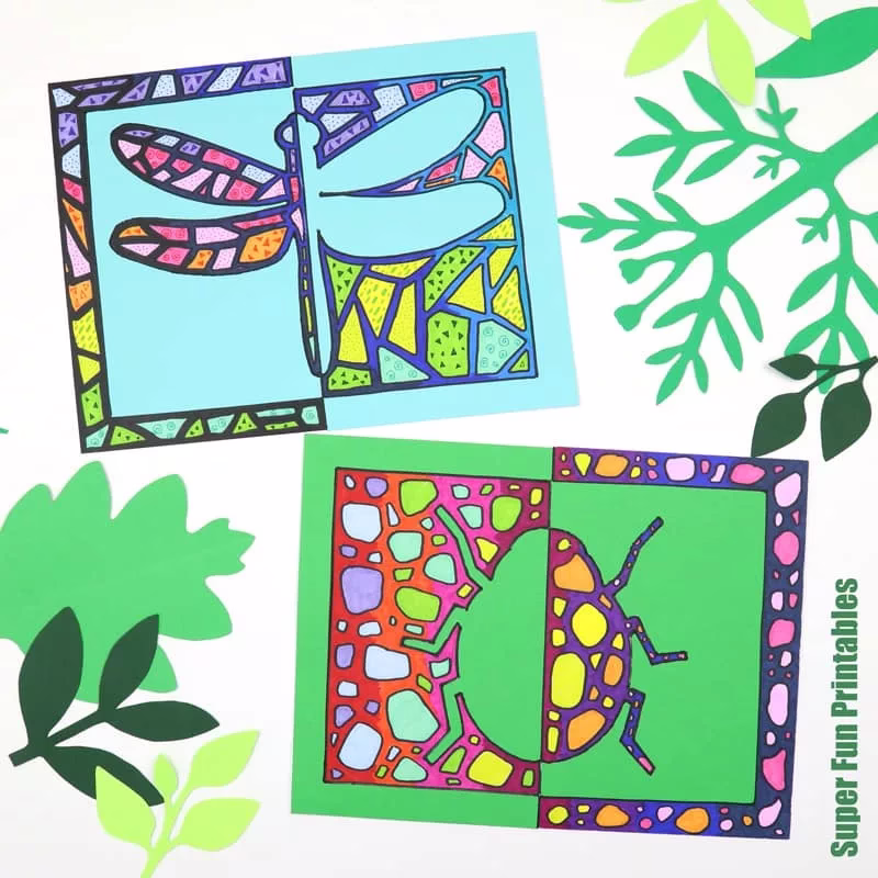 Insect positive negative pattern art project. Create stunning insect designs using doodle art, colour and design that explores positive and negative space. Ladybug and dragonfly pictured