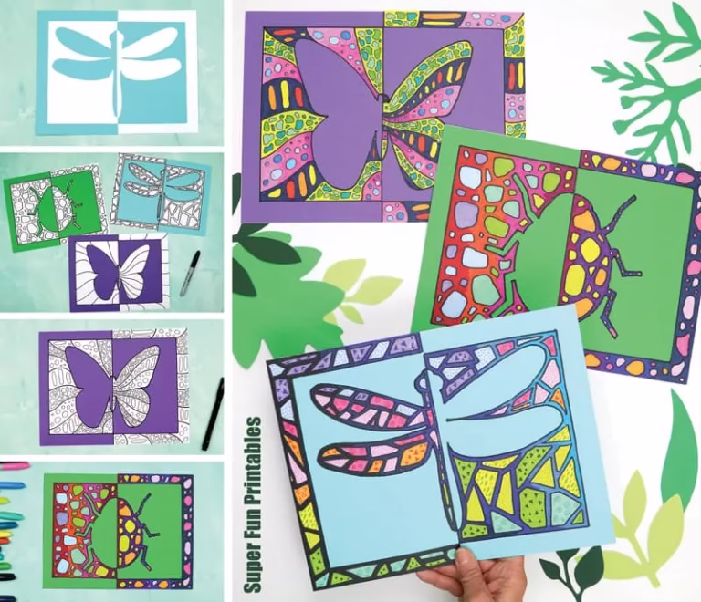 Insect positive negative pattern art project. Create stunning insect designs using doodle art, colour and design that explores positive and negative space. Ladybug and dragonfly pictured