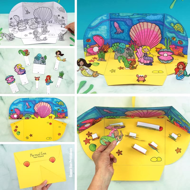 Mermaid paper small world. Print and colour the ocean background, mermaid characters and additional decorative elements