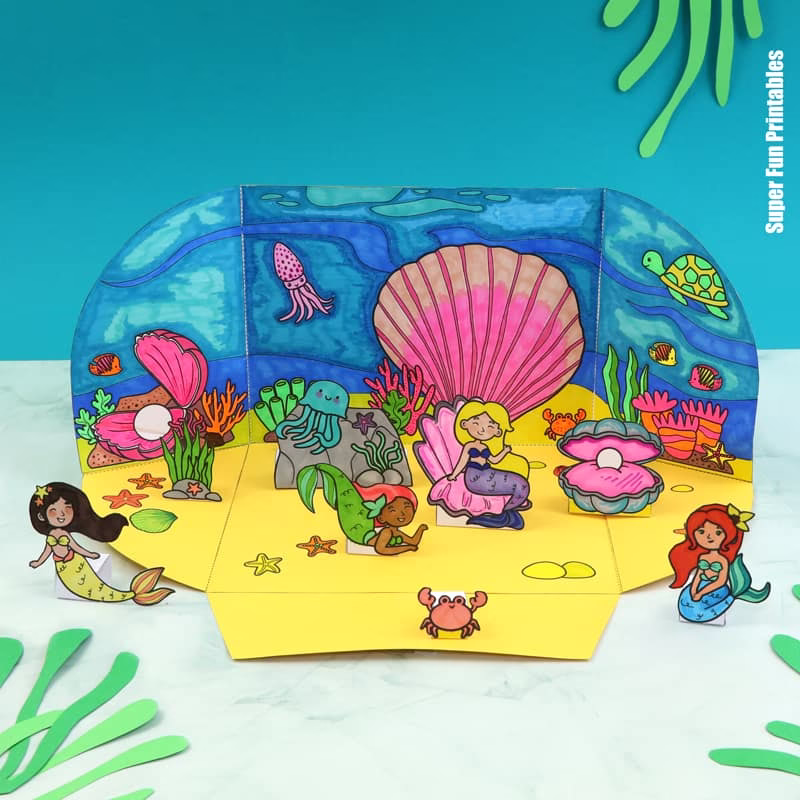 Mermaid paper small world. Print and colour the ocean background, mermaid characters and additional decorative elements