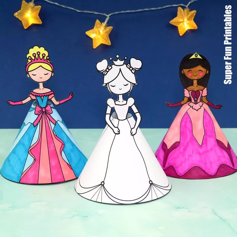Paper princess dolls print and colour set with six characters to make