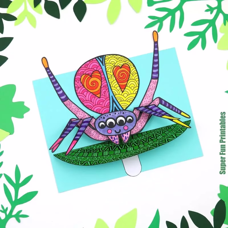 3D Dancing peacock spider craft with wiggle tab. Printable pattern art craft for kids