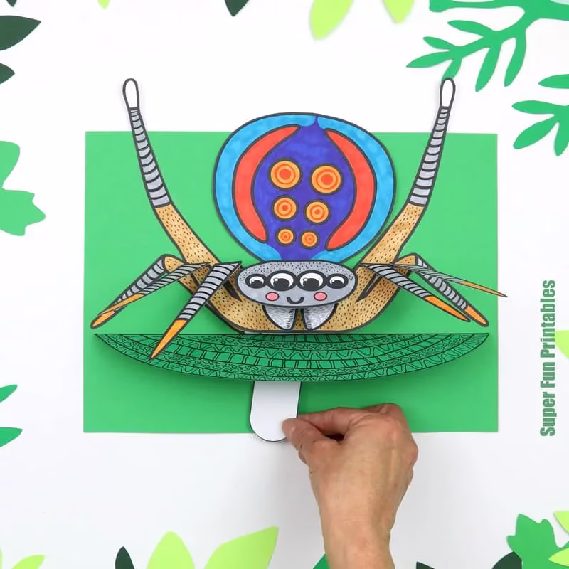 Printable 3D pattern art spider craft for kids with 'dancing' wiggle tab