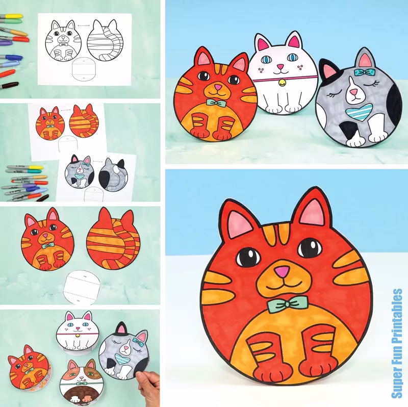 Printable cat craft for kids—make a set of four cute rocking cats