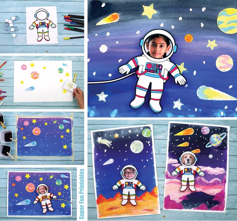 3D astronaut spae art for kids made using a liquid watercolour and crayon resist technique