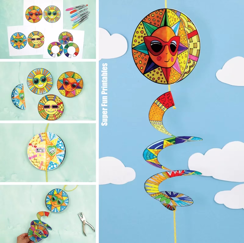 Sun Spinner paper craft for kids. Make a pattern art sun athat spins in the breeze
