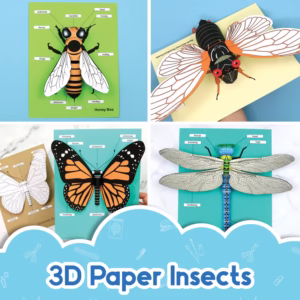 Realistic, anatomically correct insect paper crafts for kids. Includes a bee, a cicada, a butterfly and a dragonfly