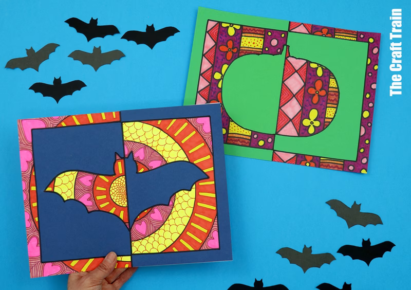 Halloween positive negative pattern art. Doodle art patterns created in a positive/negative space. Bat design and pumpkin design pictured