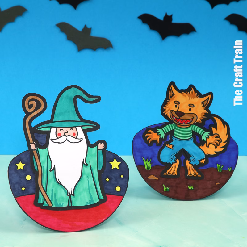 Wizard and werewolf Halloween rocker craft for kids.