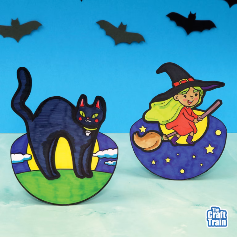 Black cat and witch Halloween rocker craft for kids finished examples coloured by hand
