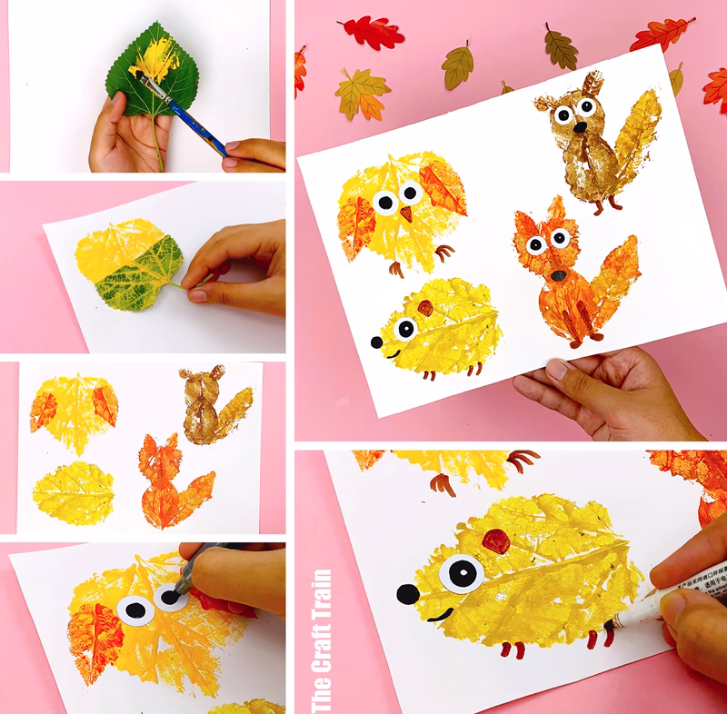 Leaf print woodland animal art activity, make an owl, a hedgehog, a fox and a squirrel