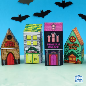 Spook Town printable Halloween paper village with four buildings to print, colour and make