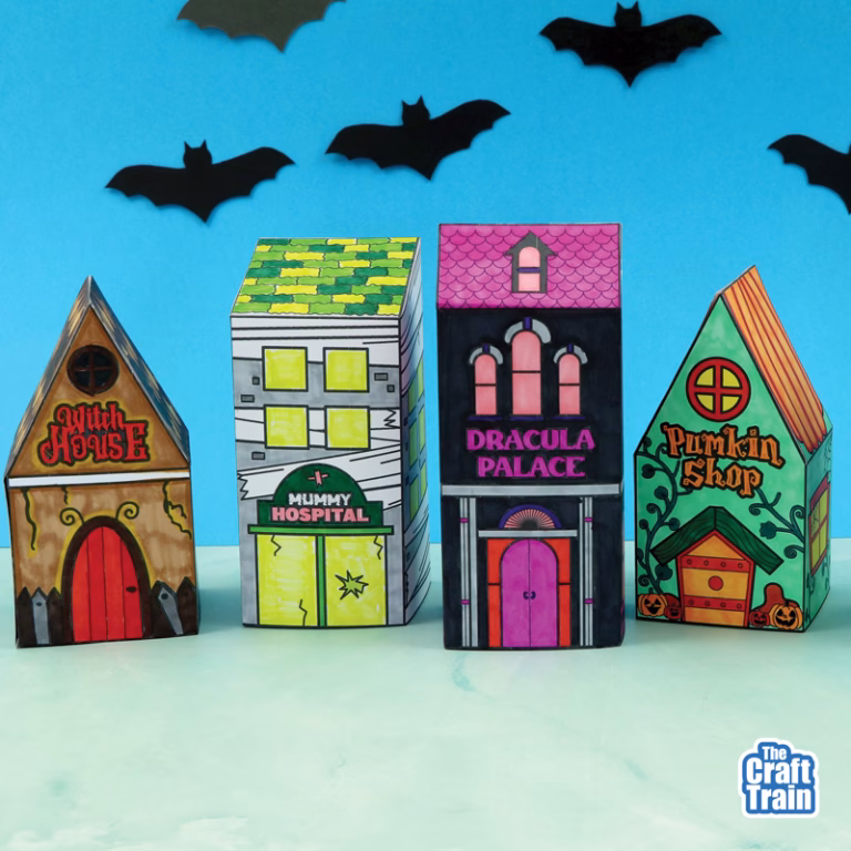Spook Town printable Halloween paper village with four buildings to print, colour and make