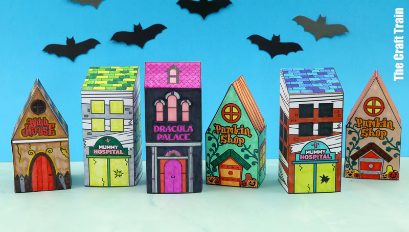 Spook Town printable Halloween paper village with four buildings to print, colour and make